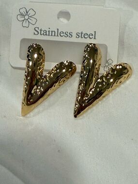 Gold V-Shaped Textured Stainless Steel Earrings